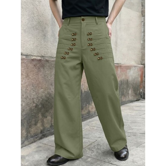 Men's Vintage Military Heavy Pintuck Double-Breasted Button High Waist Wide Leg Trousers