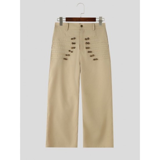 Men's Vintage Military Heavy Pintuck Double-Breasted Button High Waist Wide Leg Trousers