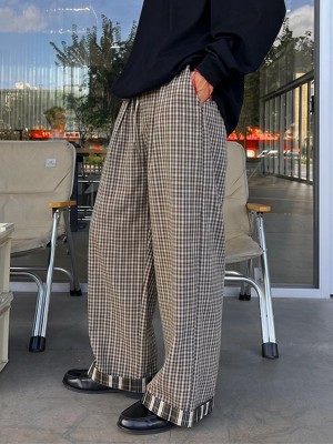 Men's Vintage Gingham Plaid Contrast Layered Cuff Baggy Wide-Leg Trousers