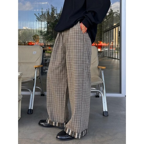 Men's Vintage Gingham Plaid Contrast Layered Cuff Baggy Wide-Leg Trousers