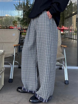 Men's Vintage Gingham Plaid Contrast Layered Cuff Baggy Wide-Leg Trousers