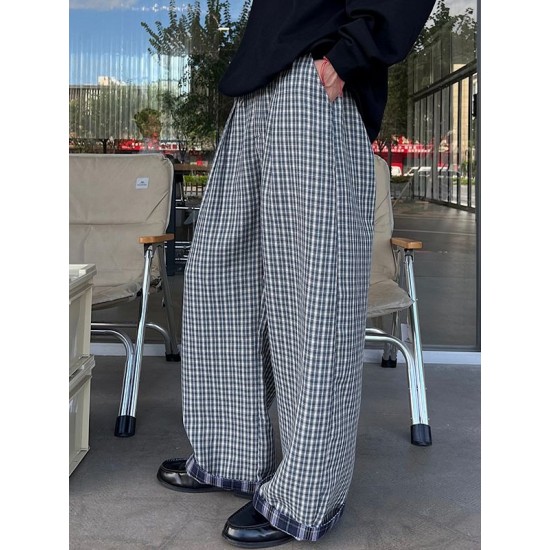 Men's Vintage Gingham Plaid Contrast Layered Cuff Baggy Wide-Leg Trousers
