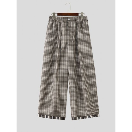 Men's Vintage Gingham Plaid Contrast Layered Cuff Baggy Wide-Leg Trousers