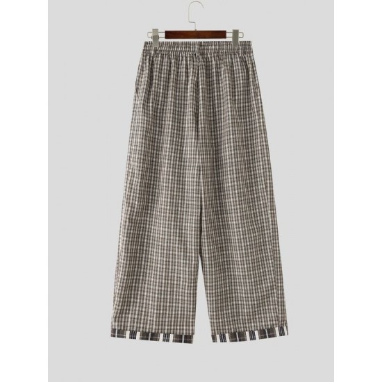 Men's Vintage Gingham Plaid Contrast Layered Cuff Baggy Wide-Leg Trousers
