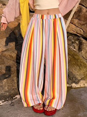 Men's Vibrant Summer Palette Rainbow Vertical Stripe Pleated Balloon Wide Leg Trousers