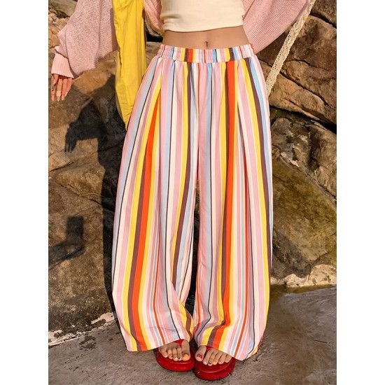 Men's Vibrant Summer Palette Rainbow Vertical Stripe Pleated Balloon Wide Leg Trousers