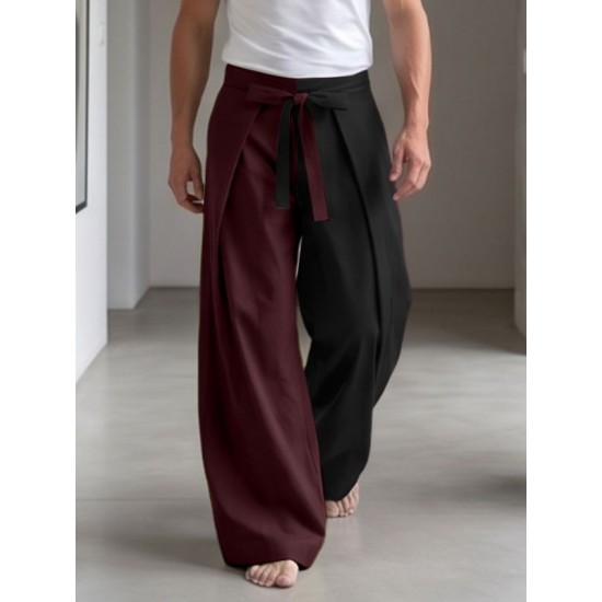Men's Yin-Yang Color-Block Pleated High-Waisted Wrapped Tie-Belt Trousers