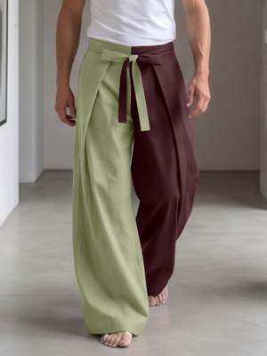 Men's Yin-Yang Color-Block Pleated High-Waisted Wrapped Tie-Belt Trousers
