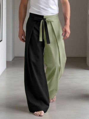 Men's Yin-Yang Color-Block Pleated High-Waisted Wrapped Tie-Belt Trousers