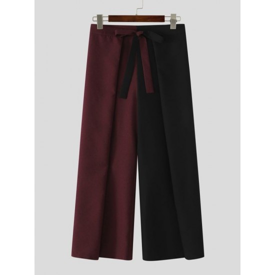 Men's Yin-Yang Color-Block Pleated High-Waisted Wrapped Tie-Belt Trousers
