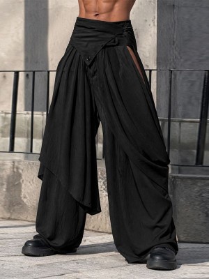 Men's Asymmetrical Wrap Draped Slit Wide Leg Trousers