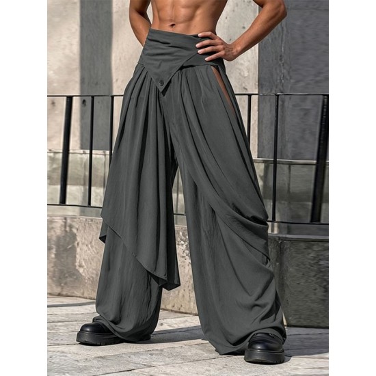 Men's Asymmetrical Wrap Draped Slit Wide Leg Trousers