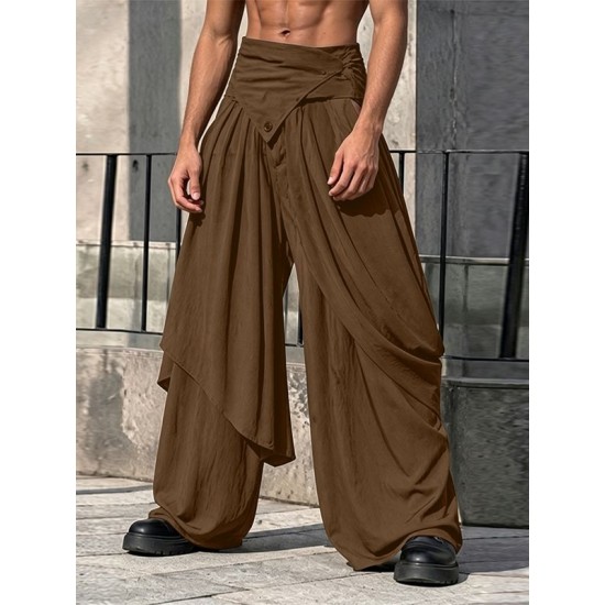Men's Asymmetrical Wrap Draped Slit Wide Leg Trousers