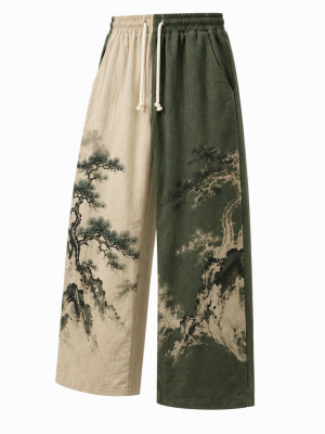 Men's Vintage Zen Two Tone Pine Tree Print Drawstring Wide Leg Trousers