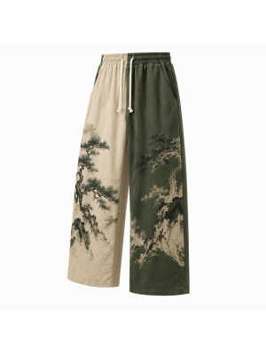 Men's Vintage Zen Two Tone Pine Tree Print Drawstring Wide Leg Trousers