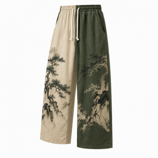 Men's Vintage Zen Two Tone Pine Tree Print Drawstring Wide Leg Trousers