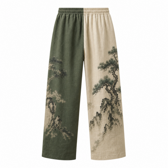 Men's Vintage Zen Two Tone Pine Tree Print Drawstring Wide Leg Trousers