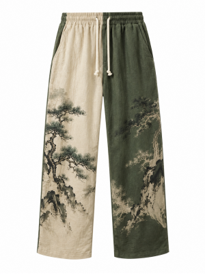 Men's Vintage Zen Two Tone Pine Tree Print Drawstring Wide Leg Trousers