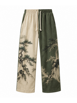 Men's Vintage Zen Two Tone Pine Tree Print Drawstring Wide Leg Trousers