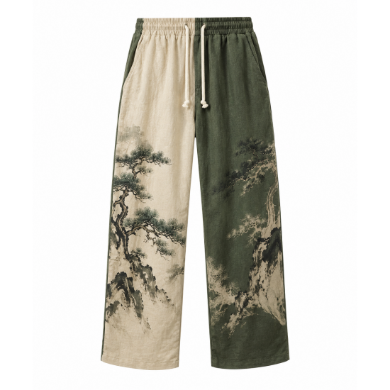 Men's Vintage Zen Two Tone Pine Tree Print Drawstring Wide Leg Trousers