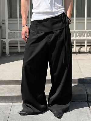 Men's Asymmetrical Fold-Over Button Tie Waist Wide Leg Trousers