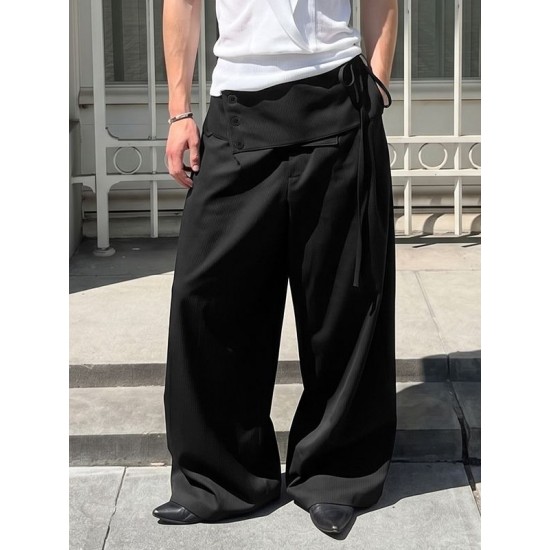 Men's Asymmetrical Fold-Over Button Tie Waist Wide Leg Trousers
