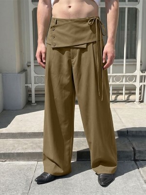 Men's Asymmetrical Fold-Over Button Tie Waist Wide Leg Trousers