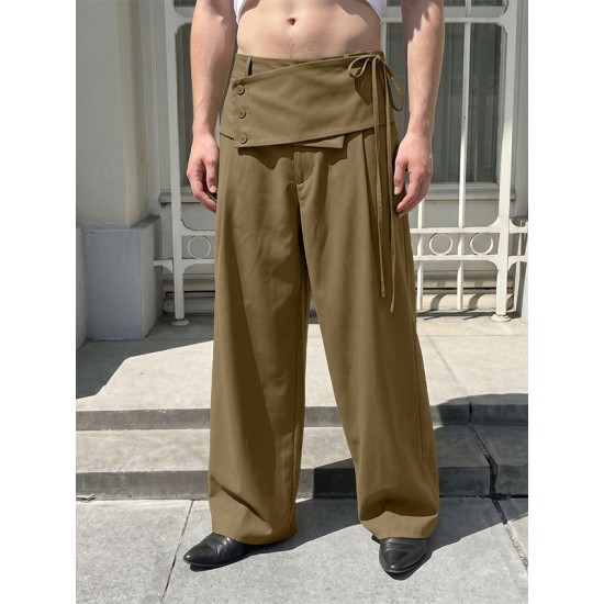 Men's Asymmetrical Fold-Over Button Tie Waist Wide Leg Trousers