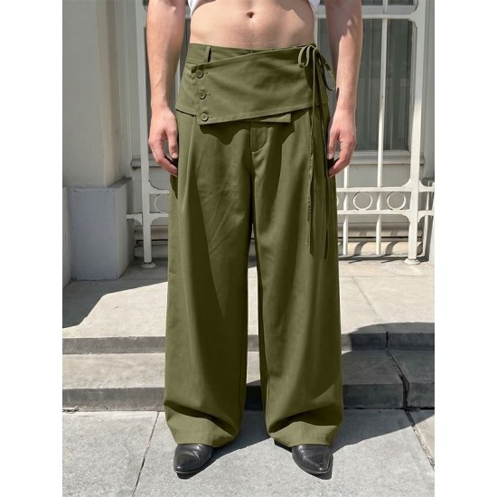 Men's Asymmetrical Fold-Over Button Tie Waist Wide Leg Trousers