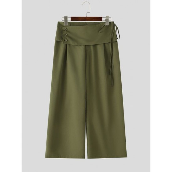 Men's Asymmetrical Fold-Over Button Tie Waist Wide Leg Trousers
