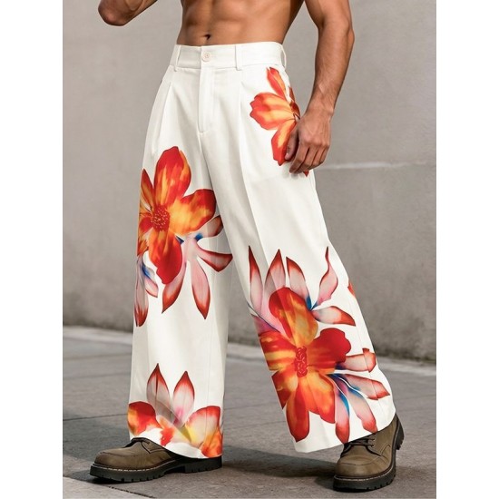 Men's Tropical Floral Print Wide Leg Trousers