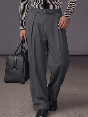 Men's Urban Casual Deep Front Pleat Built-in Belt Wide Leg Trousers