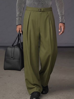 Men's Urban Casual Deep Front Pleat Built-in Belt Wide Leg Trousers