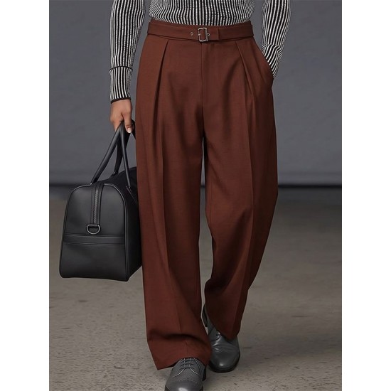 Men's Urban Casual Deep Front Pleat Built-in Belt Wide Leg Trousers
