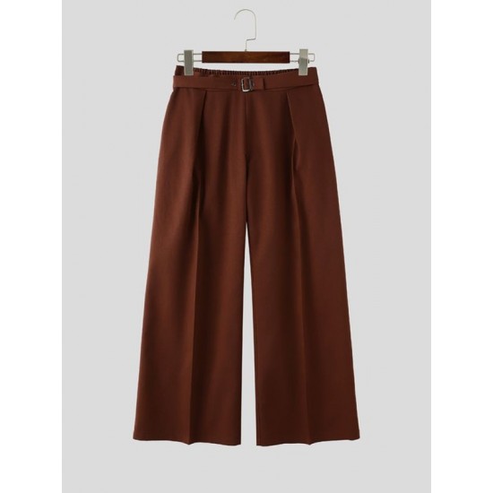 Men's Urban Casual Deep Front Pleat Built-in Belt Wide Leg Trousers