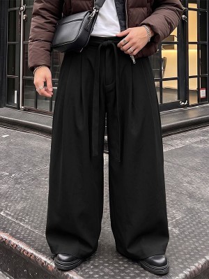 Men's Clean Belted Pleated Wide-Leg Drape Trousers
