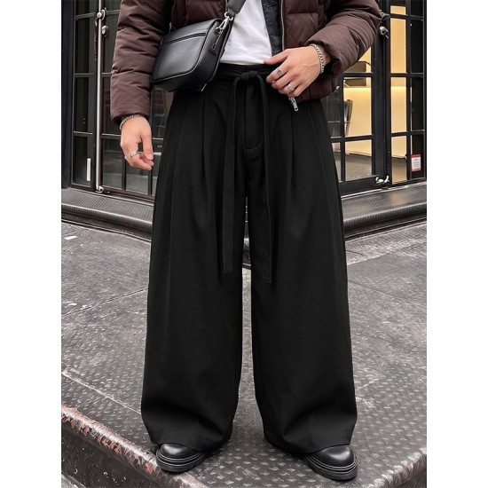 Men's Clean Belted Pleated Wide-Leg Drape Trousers