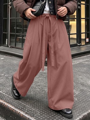 Men's Clean Belted Pleated Wide-Leg Drape Trousers
