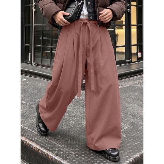 Men's Clean Belted Pleated Wide-Leg Drape Trousers
