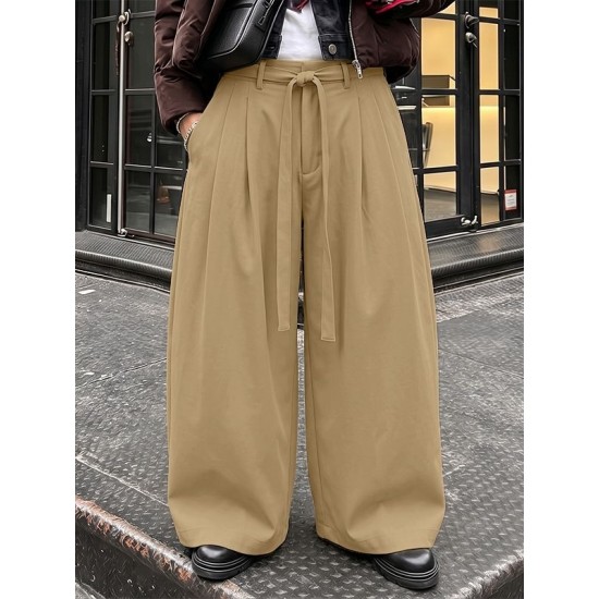 Men's Clean Belted Pleated Wide-Leg Drape Trousers