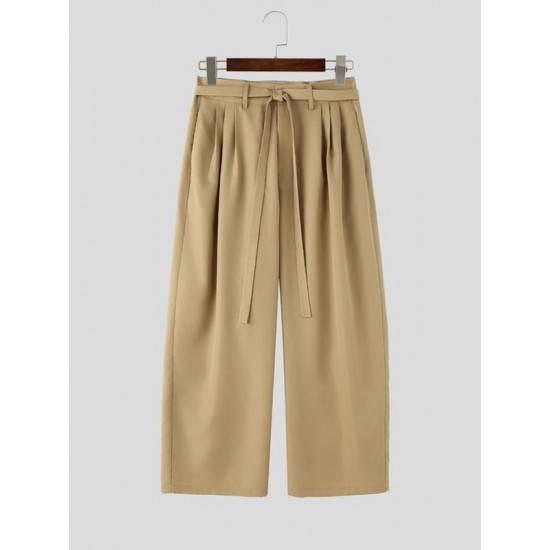 Men's Clean Belted Pleated Wide-Leg Drape Trousers