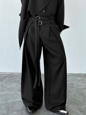 Men's Double D-Ring Strap Pleated Maxi Wide-Leg Trousers