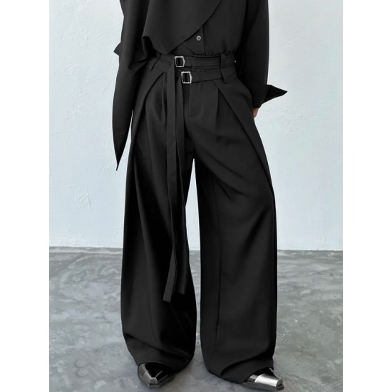 Men's Double D-Ring Strap Pleated Maxi Wide-Leg Trousers