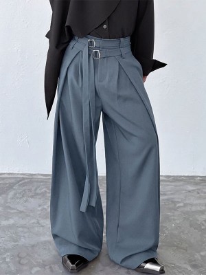 Men's Double D-Ring Strap Pleated Maxi Wide-Leg Trousers