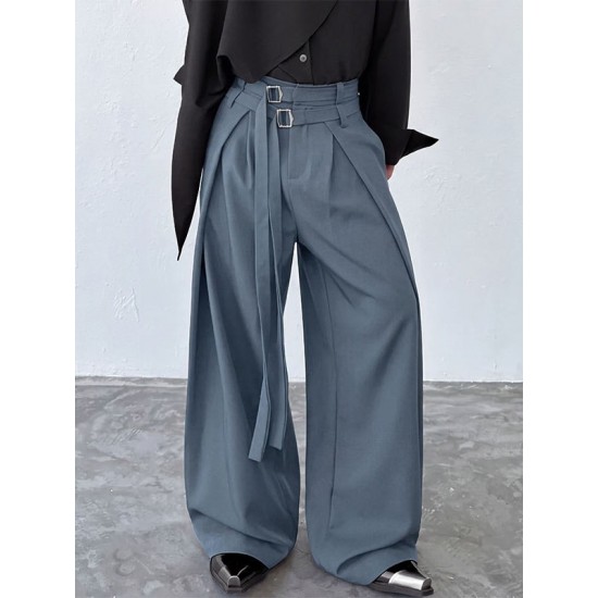 Men's Double D-Ring Strap Pleated Maxi Wide-Leg Trousers