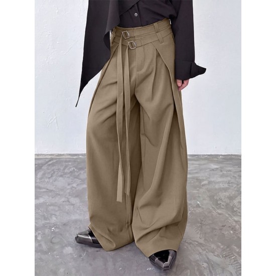 Men's Double D-Ring Strap Pleated Maxi Wide-Leg Trousers