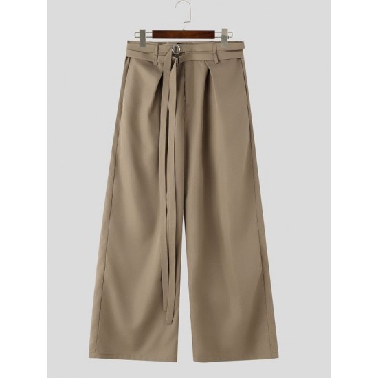 Men's Double D-Ring Strap Pleated Maxi Wide-Leg Trousers