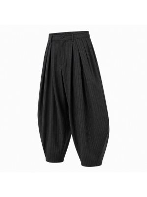 Men's Pinstripe Deep-Pleated Lantern Silhouette Drop-Crotch Trousers