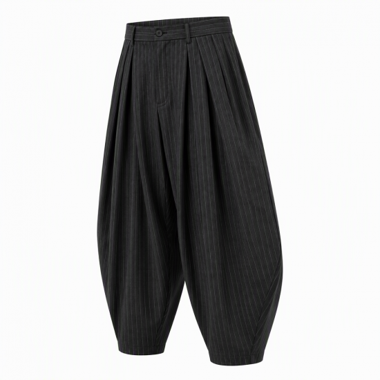 Men's Pinstripe Deep-Pleated Lantern Silhouette Drop-Crotch Trousers