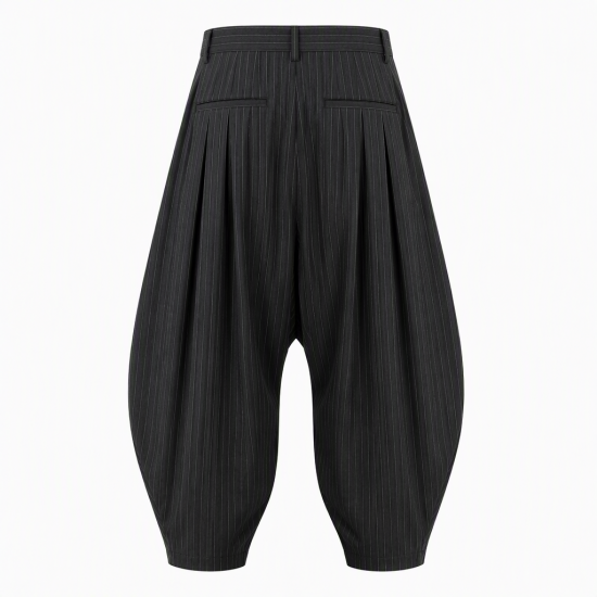Men's Pinstripe Deep-Pleated Lantern Silhouette Drop-Crotch Trousers